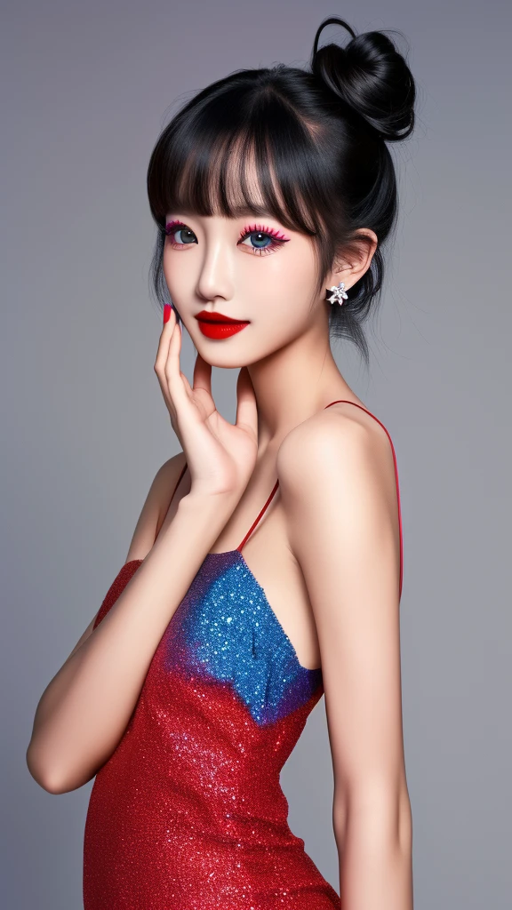 (((masterpiece))),((bestquality)),8k,high detailed,ultra-detailed,photography,award winning,documentary,Original Photo,Realisticity,(EOS R8,50mm,F1.2,8K,RAW photo:1.2),(Radom simple color background:1.35),1girl,(solo),slim asian girl,beautiful face,slim body,((real skin texture)),(well-proportioned hands),((random color dress)),makeup foundatiom,eyeliner,eyelashes,random color lipstick,random color nail polish,makeup,earring,Giggling,Black Hair,asymmetrical bangs,double bun,bow-shaped hair,