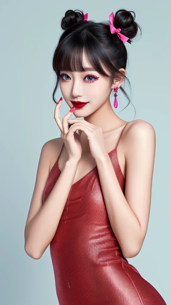(((masterpiece))),((bestquality)),8k,high detailed,ultra-detailed,photography,award winning,documentary,Original Photo,Realisticity,(EOS R8,50mm,F1.2,8K,RAW photo:1.2),(Radom simple color background:1.35),1girl,(solo),slim asian girl,beautiful face,slim body,((real skin texture)),(well-proportioned hands),((random color dress)),makeup foundatiom,eyeliner,eyelashes,random color lipstick,random color nail polish,makeup,earring,Giggling,Black Hair,asymmetrical bangs,double bun,bow-shaped hair,
