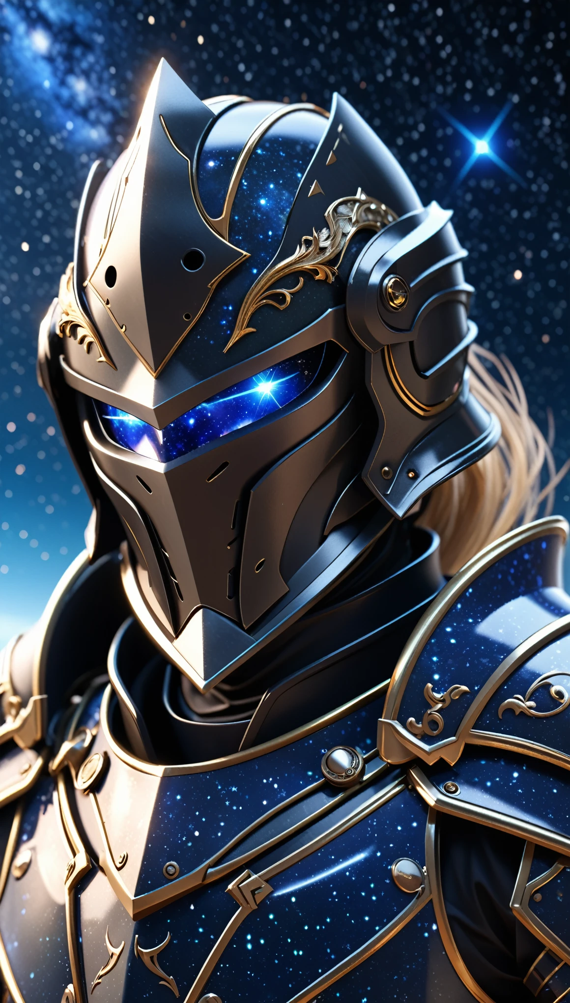 Black Biotech Armor,Black Biotech Helmet,Silver long hair,Half-length close-up,Background blur,Focus on the eyes,Here is a chaotic blue starry sky shadow displayed on the face of the biological helmet,Natural Lighting,Rendering,3d,Unreal Engine,Ridiculous portrait of a knight in armor,mystery,