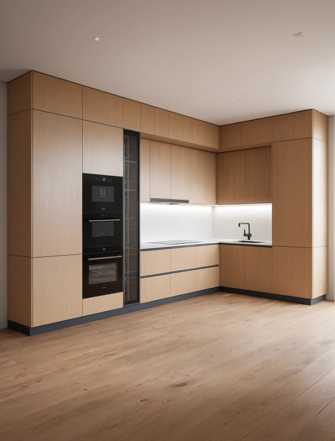 Raw photo,Masterpiece, high quality, best quality, authentic, super detail, interior , sunset, daylight, Kitchen Cabinets style minimalist, Induction cooker, sink, faucet, oven, built-in microwave, wooden floor, hood, wine cabinet,
