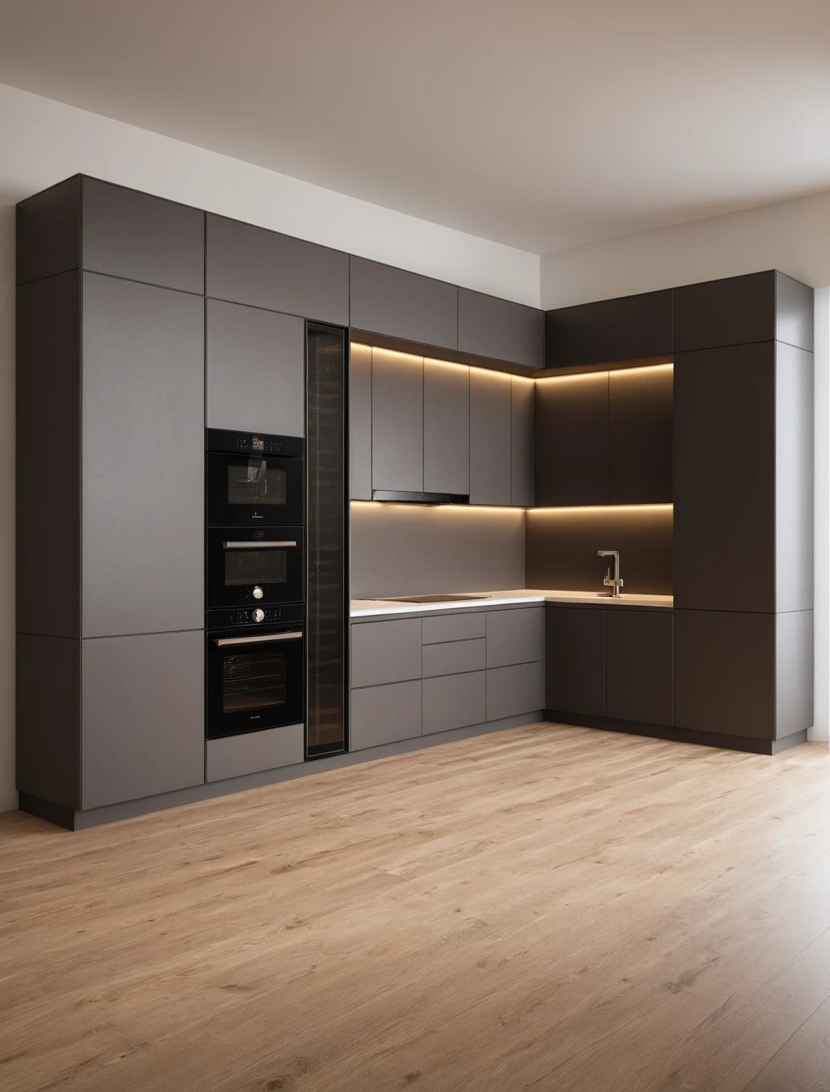 Raw photo,Masterpiece, high quality, best quality, authentic, super detail, interior , sunset, daylight, Kitchen Cabinets style minimalist, Induction cooker, sink, faucet, oven, built-in microwave, wooden floor, hood, wine cabinet,