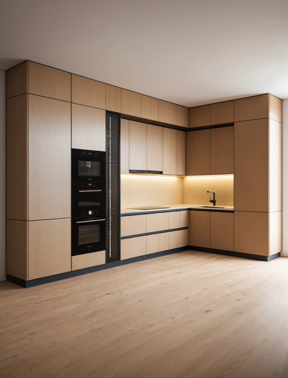 Raw photo,Masterpiece, high quality, best quality, authentic, super detail, interior , sunset, daylight, Kitchen Cabinets style minimalist, Induction cooker, sink, faucet, oven, built-in microwave, wooden floor, hood, wine cabinet, 