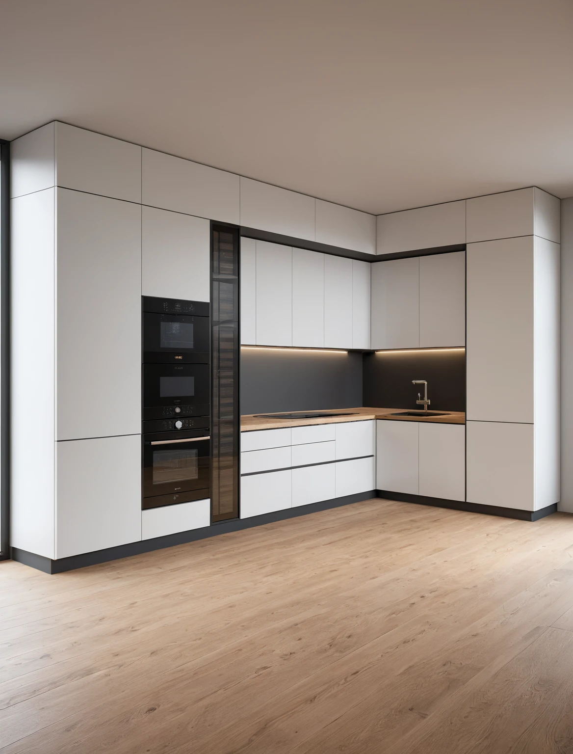 Raw photo,Masterpiece, high quality, best quality, authentic, super detail, interior , sunset, daylight, Kitchen Cabinets style minimalist, Induction cooker, sink, faucet, oven, built-in microwave, wooden floor, hood, wine cabinet, 