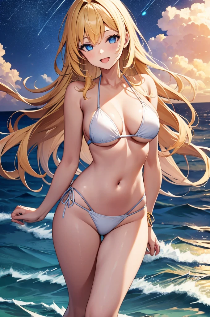 (masterpiece:1.3), (best quality:1.1), (8k, ultra detailed, ultra high res:1.2), ((anime style)), (perfect 5 fingers:1.1), perfect anatomy, 
1girl,
BREAK long hair, smile, open mouth, 
yellow hair, 
blue eyes, detail eyes, (leaning forward;1.1), 
(medium breasts:0.7), High-waist bikini, (white bikini), 
BREAK looking at viewer, coeboy shot, on left,
BREAK detail background, outdoor, outside, sea, shining sky, distant horizon, clouds, natural beauty, (night sky, Shining Stars:1.3), (summer triangle:1.3),