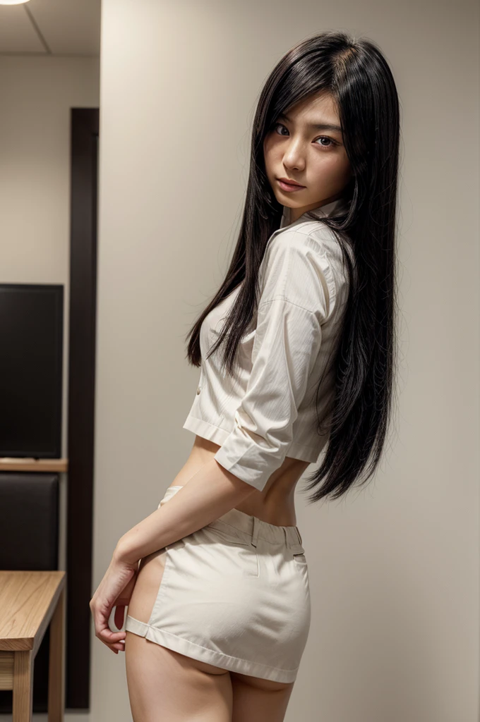 [[((young attractive Japanese woman with fair skin, long straight dark black hair, striking almond-shaped eyes, and a  frame:1.6)), ((Sophie Tan:1.5)), standing against a plain white wall in a professional photo shoot setting. She is wearing ((a well-tailored business suit:1.4)), comprising a fitted blazer and matching skirt or pants, presenting a professional and elegant appearance. Her hair is styled in loose waves, cascading down her back, and she has a confident gaze directed at the camera. The background is a simple white wall to keep the focus entirely on Sophie. The scene is captured with a ((full-frame DSLR:1.4)) using a ((50mm prime lens:1.4)) to keep Sophie in sharp focus. Professional studio lighting enhances her natural features and adds depth to the image. Post-production enhances the natural colors and ensures a clean, polished look. The image should be in ((8K resolution:1.5)) with ((hyper-realistic detail:1.6)). The focus is entirely on Sophie's facial features, hair, and professional attire, capturing her essence perfectly in a business setting.]]