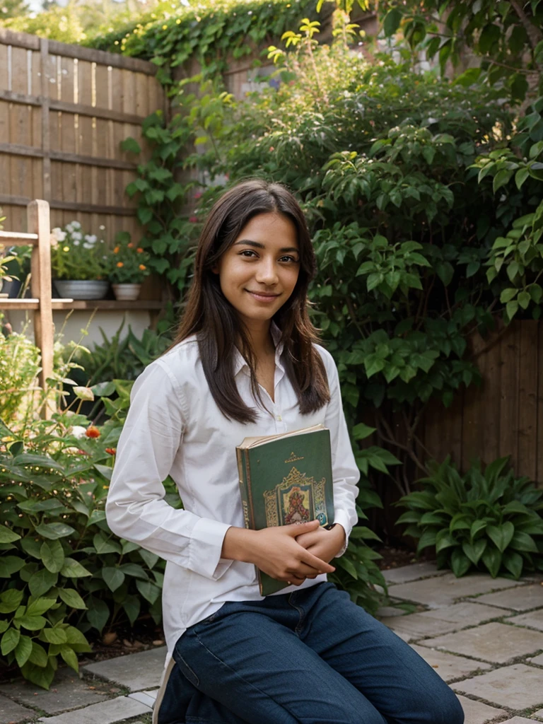 maya, with a charming smile, around the garden with a book in hand. His gaze was deep, pondering the meaning hidden on each page.

