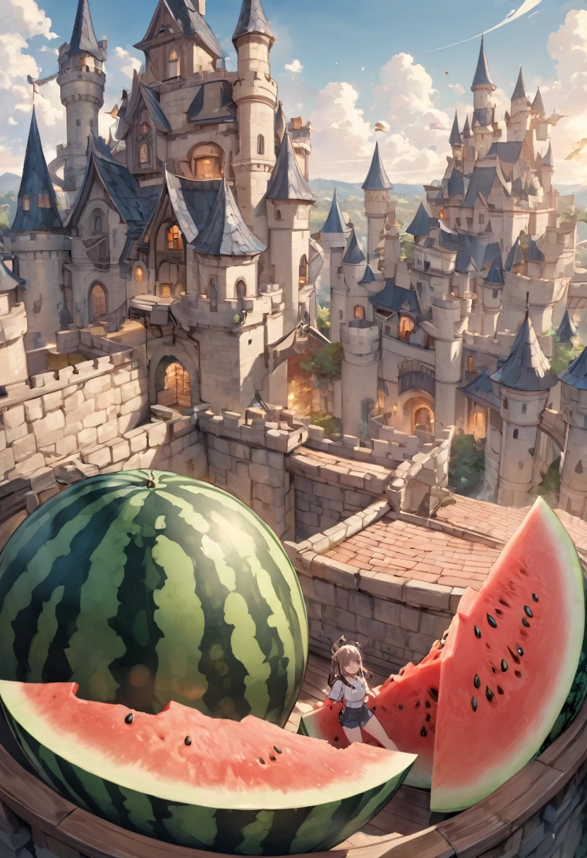 panoramic, (A planet size biggest watermelon Falling from the sky, into the castle), in the rooftop, background castle town, BREAK, masterpiece, best quality, 16k, beautiful detailed watermelon, daydreaming expression.