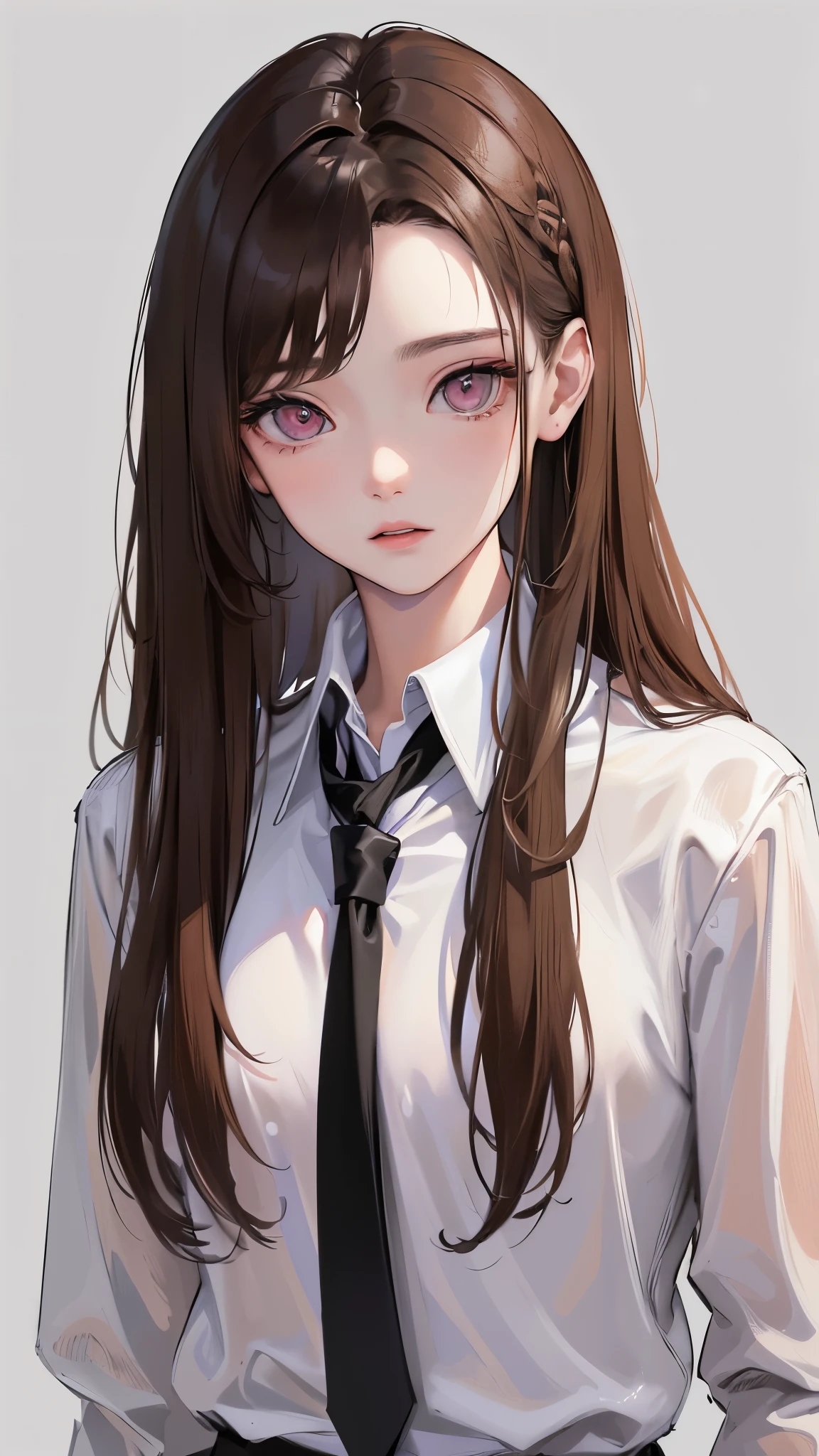(Top resolution、Distinct_image)top-quality、femele、masterpiece、highly detailed、Semi-realistic、pink eyes、18year old、young、Exquisite facial features、Facial features、unique hairstyle, variations, potrait, white background, light brown hair, wear white oversized shirt, wear black necktie