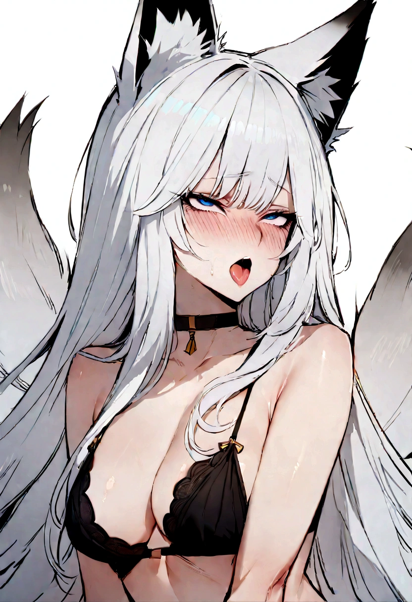 masterpiece, best quality, kitsune 1girl, solo, beautiful kitsune woman, fox ears, bangs, white hair, very long hair, blue eyes, ahegao, medium breasts, black choker, black bra, black panties, 5 white fox tails, white hair, cowboyshot, looking at viewer