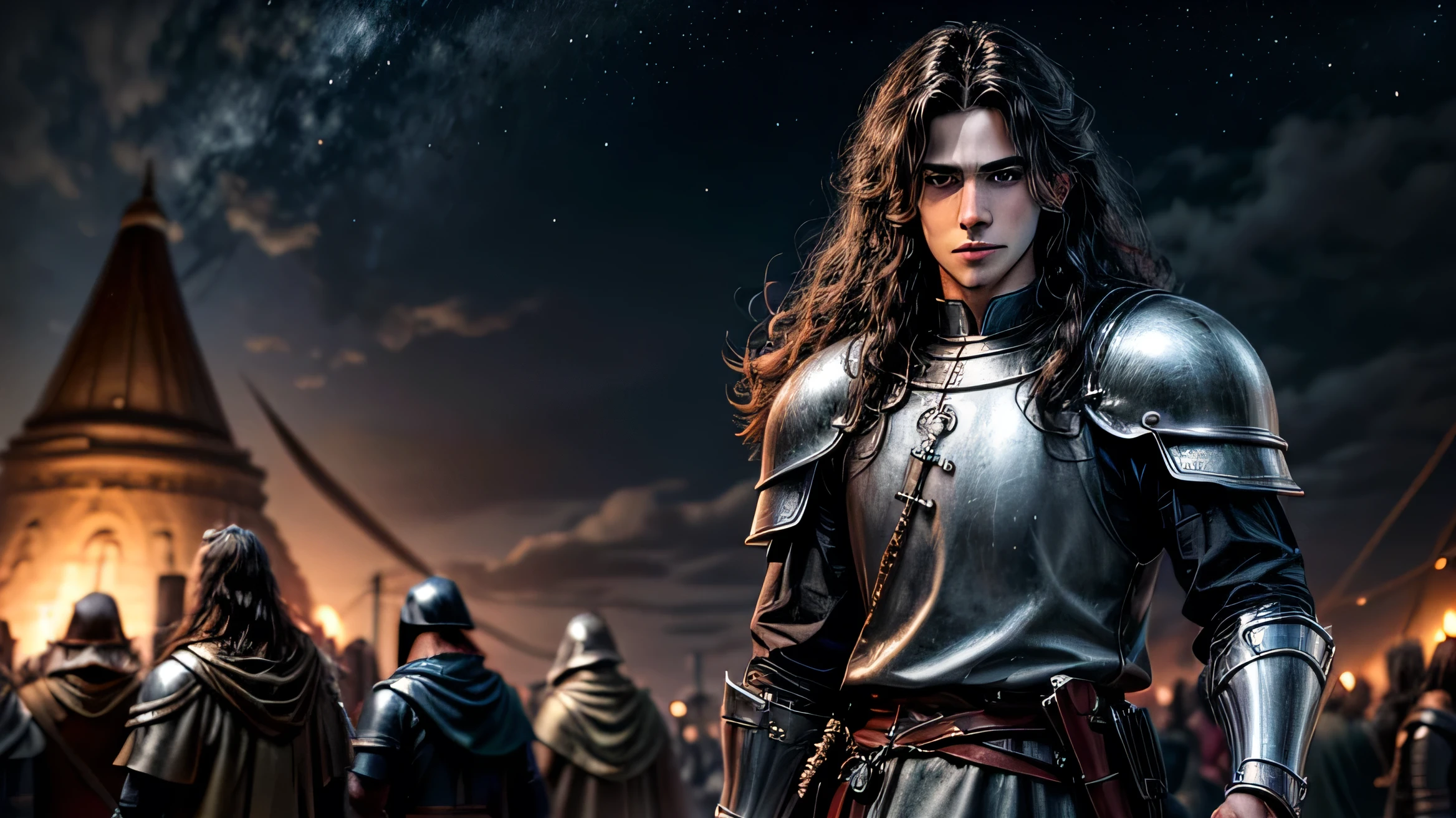 A half-length image of a young man, apparently , semi-long wavy hair, blue eyes, tanned skin, similar in face to Jake Gyllenhall, with Medieval Saracen warrior clothes, black clothes, with a claymore in his right hand and in the background a citadel, lit by the lights of the same in a starry night scene, 