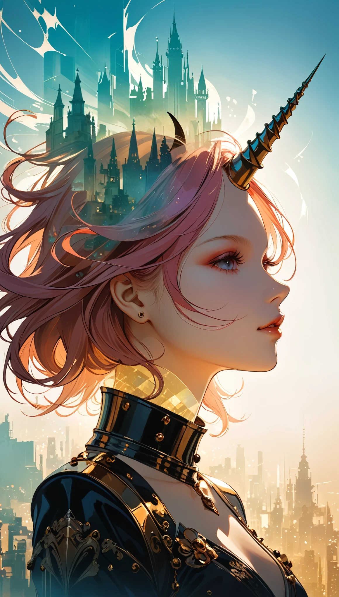 (in style of Ashley Wood:1.4),in style of Santiago Caruso,  (double exposure:1.8),1girl，独奏, queen \(chess\),,unicorn horn，metal spiral sharp corners,Diffuse gradient，Ultra-wide color gradation dispersion，