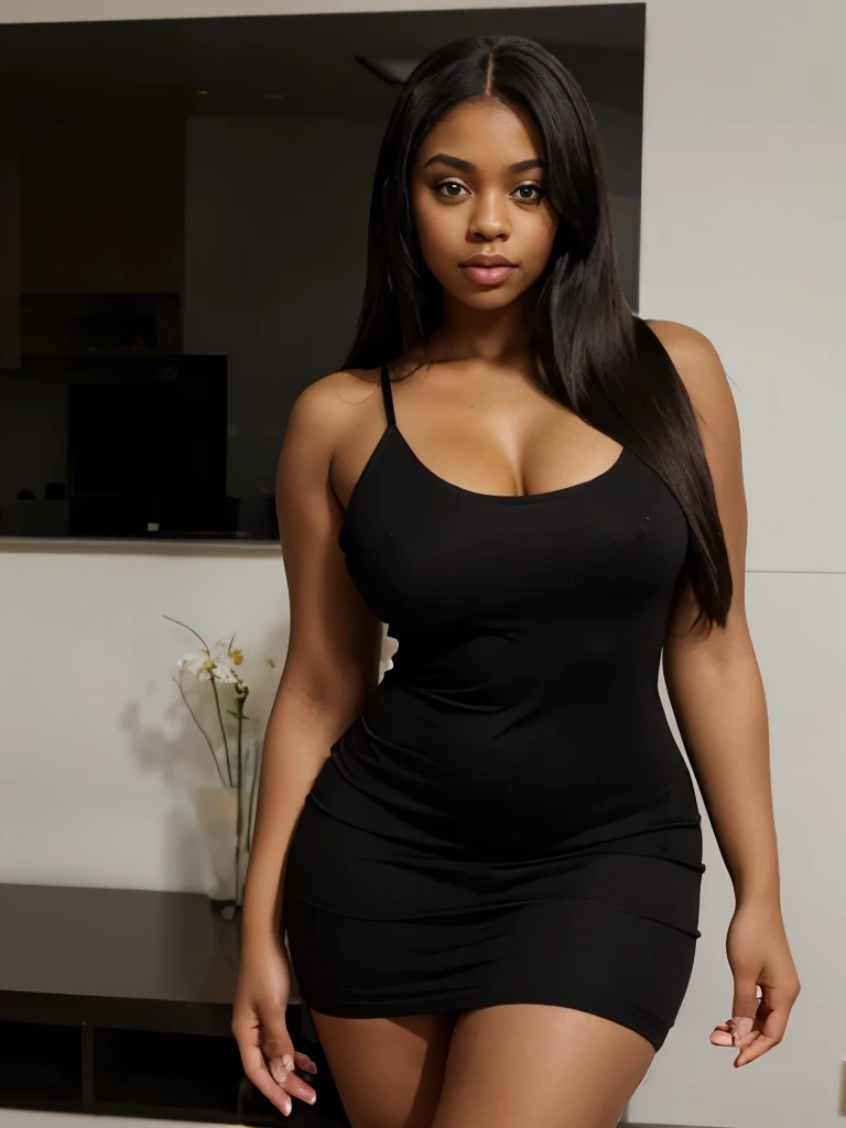 Black girl , straight hair , big eyes , brown eyes , thick body, sexy body ,real , Wearing a beautiful and sexy dress