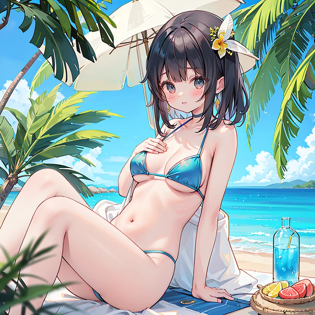 NSFW, sexy, A beautiful woman in a bikini, under a beach umbrella's shade on a tropical resort beach, drinking tropical juice; she has a well-toned figure, and her colorful, sexy bikini enhances her charm; the background features a vibrant beach with palm trees, clear blue sky, and sparkling ocean waves; sunlight and reflections add to the scene's richness, with light filtering through the umbrella and reflecting off the sand and water; the scene is rich with intricate details and delicate touches, rendered in a highly realistic anime style with maximum resolution and quality; various beach accessories like sunglasses and a suntan oil bottle are placed nearby; this time, she is in a bold, alluring pose, reclining on her side with one leg bent and the other extended, holding her drink with a confident and seductive expression.