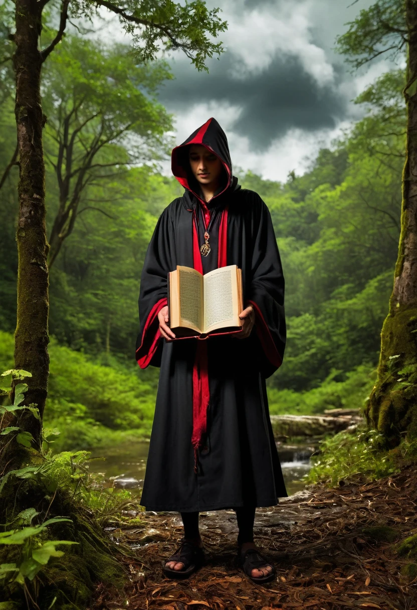 Image of a spell book , dark and brown colour book , type black magic and normal magic book , wizards book , book is locked with a book lock , (book title : libro del mondo oscuro in dark red letters), forest backgorund with dark balck clouds in the sky , book is kept inside of an old hut , around the book people wearing black robe standing near it