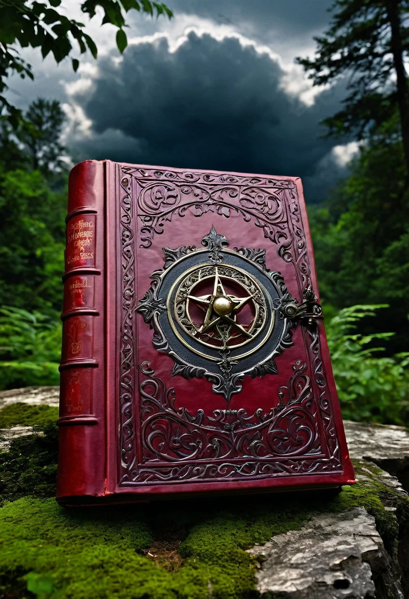 Image of a spell book , dark and brown colour book , type black magic and normal magic book , wizards book , book is locked with a book lock , (book title : libro del mondo oscuro in dark red letters), forest backgorund with dark balck clouds in the sky , book is kept inside of an old hut , around the book people wearing black robe standing near it