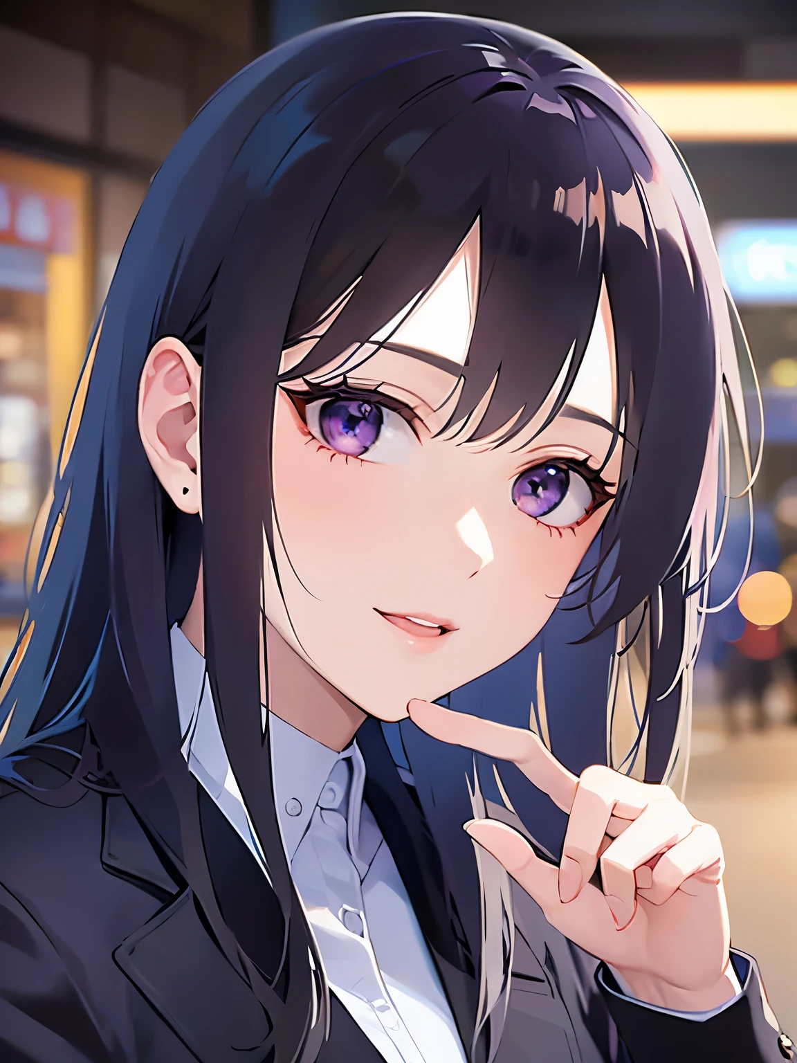 making a call on a smartphone, Biologically correct five fingers、side angle, (looking away:1.5), Realistic, real person, (pale skin: 1.2), RAW photo, photorealistic, shiny skin, shiny hair、(A 25-year-old woman with straight hair and bangs) and (medium hair) and (black hair) and (purple eyes) , (business suit:1.5) and (white collared shirt)、(smile:1.2), open mouth, The background is a shopping street at night、Alone、