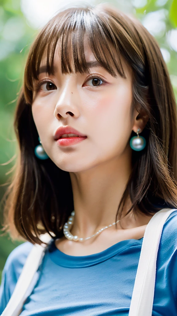 1 girl, national foundation, ((8k, raw, masterpiece: 1.5)), (Professional photography, sharp:1.2), Perfect dynamic composition, (Natural sun light), (soft shadow), (Perfect body:1.4), (((skinny figure))), (((((medium hair,bangs))))), Ultra-detailed faces and skin, perfect asian, White skin, (Delicate skin:1.4), (latex skin:0.4), (perfect glowing skin:0.6), light brown eyes, beautiful eyes, round eyes, pretty face, blush, glossy lips, ((plump lips)), glossy eyes, Really moist skin, looking at camera, Elegant pearl necklace, Elegant earrings, minimalist, (((blue t-shirt))