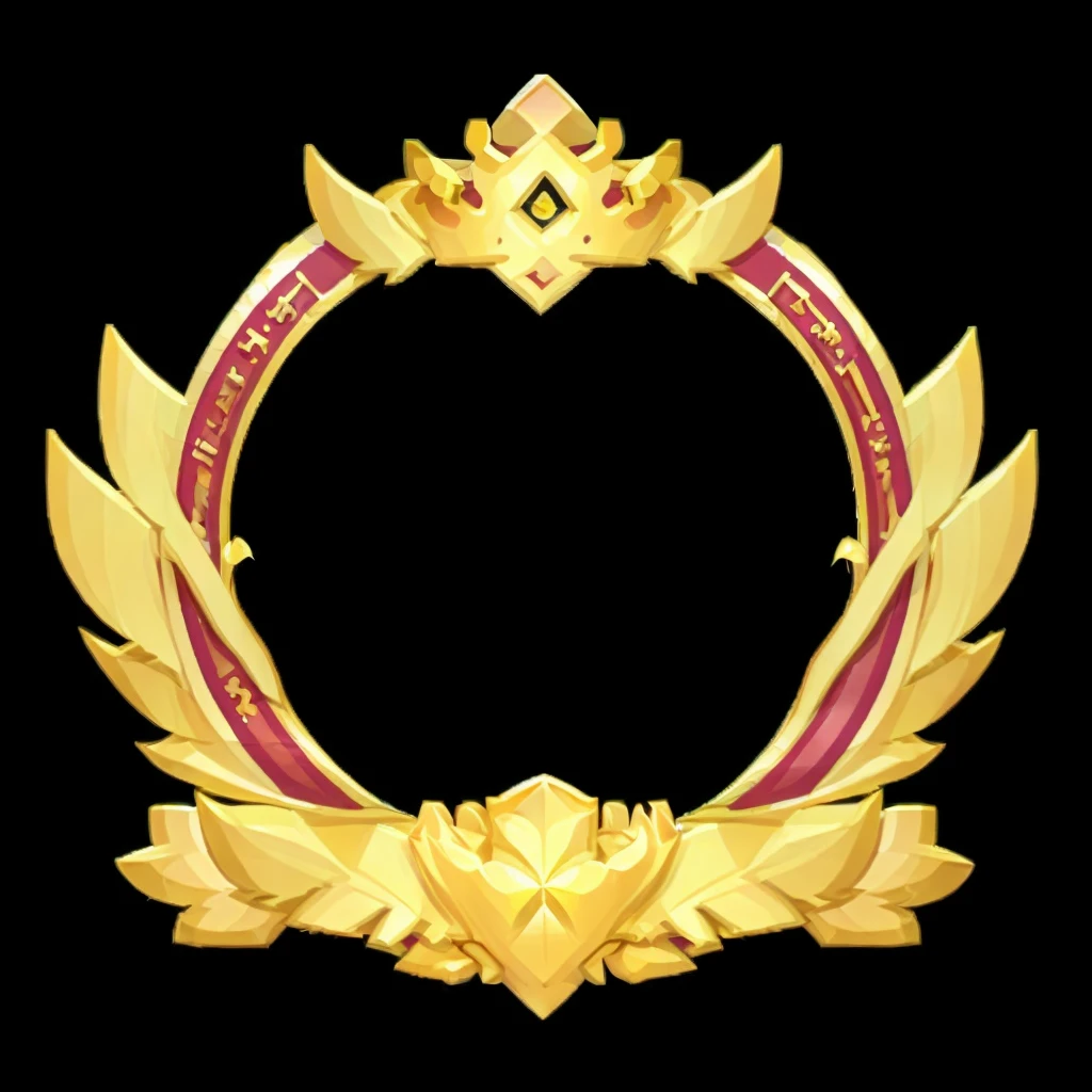 金色花ring的特写，There is a crown at the top, golden ring, Coat of Arms, ornament crown, Fantasy game spell symbols, ornate gold crown, Heartstone original art style, Gorgeous jeweled crown, Fantasy Shield, 黄金镀金圆圈光ring, 错综复杂的装饰光ring, Stylized game icons, ring, Gorgeous picture frame, Gorgeous crown