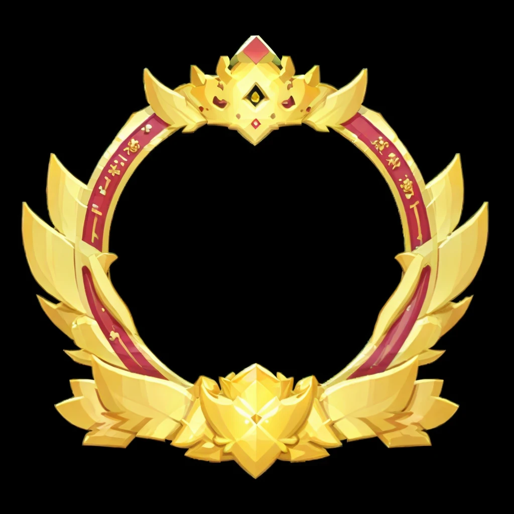 金色花ring的特写，There is a crown at the top, golden ring, Coat of Arms, ornament crown, Fantasy game spell symbols, ornate gold crown, Heartstone original art style, Gorgeous jeweled crown, Fantasy Shield, 黄金镀金圆圈光ring, 错综复杂的装饰光ring, Stylized game icons, ring, Gorgeous picture frame, Gorgeous crown