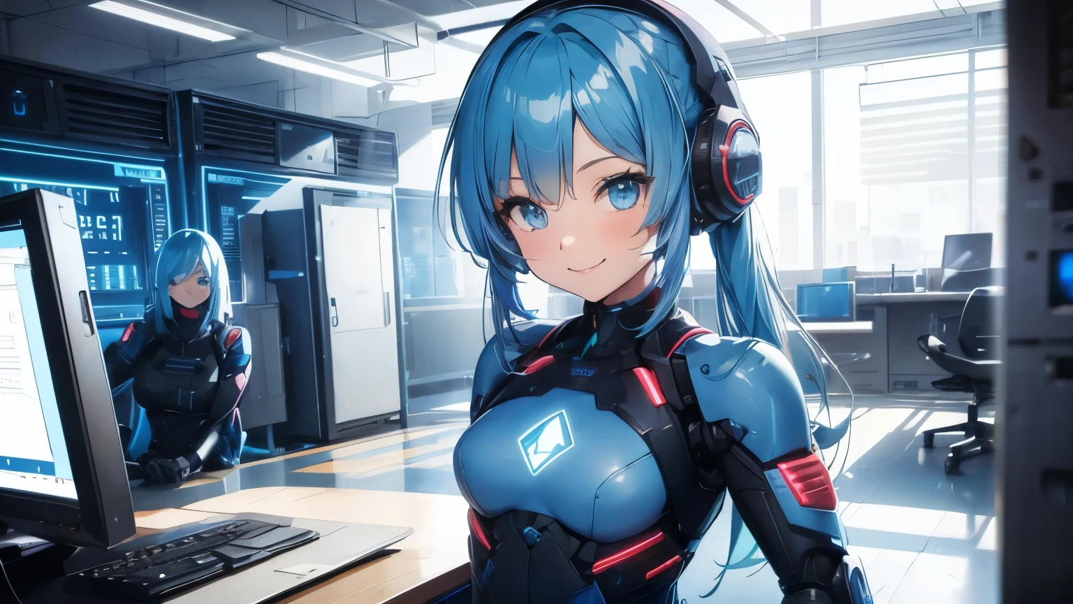 Taking security measures, cheerful, smiling, cute female robot, one person, blue hair, semi-long, looking at camera, bright computer room, illustration