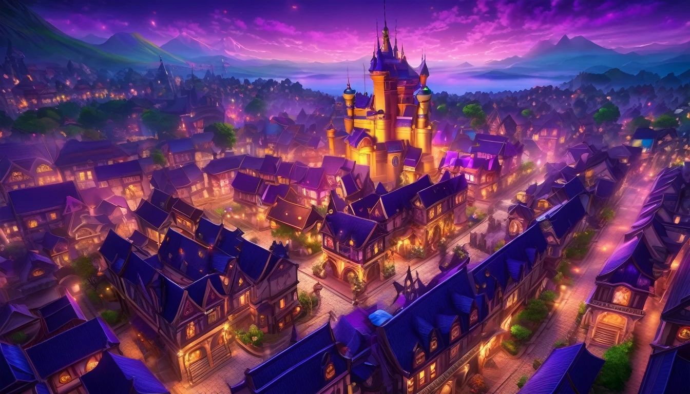 anime aestetics, anime scenery, night, city of magic, dalaran, world of warcraft, wow, purple and blue colors, vibrant colors, warm colors, busy streets, magic flying in the air, glowing particles in the air, castle made of purple crystals, stone roads, beautiful atmosphere, atmospheric perspective, perspective, wide shot, from above, 4K, highres, best quality, award winning, super detail, masterpiece