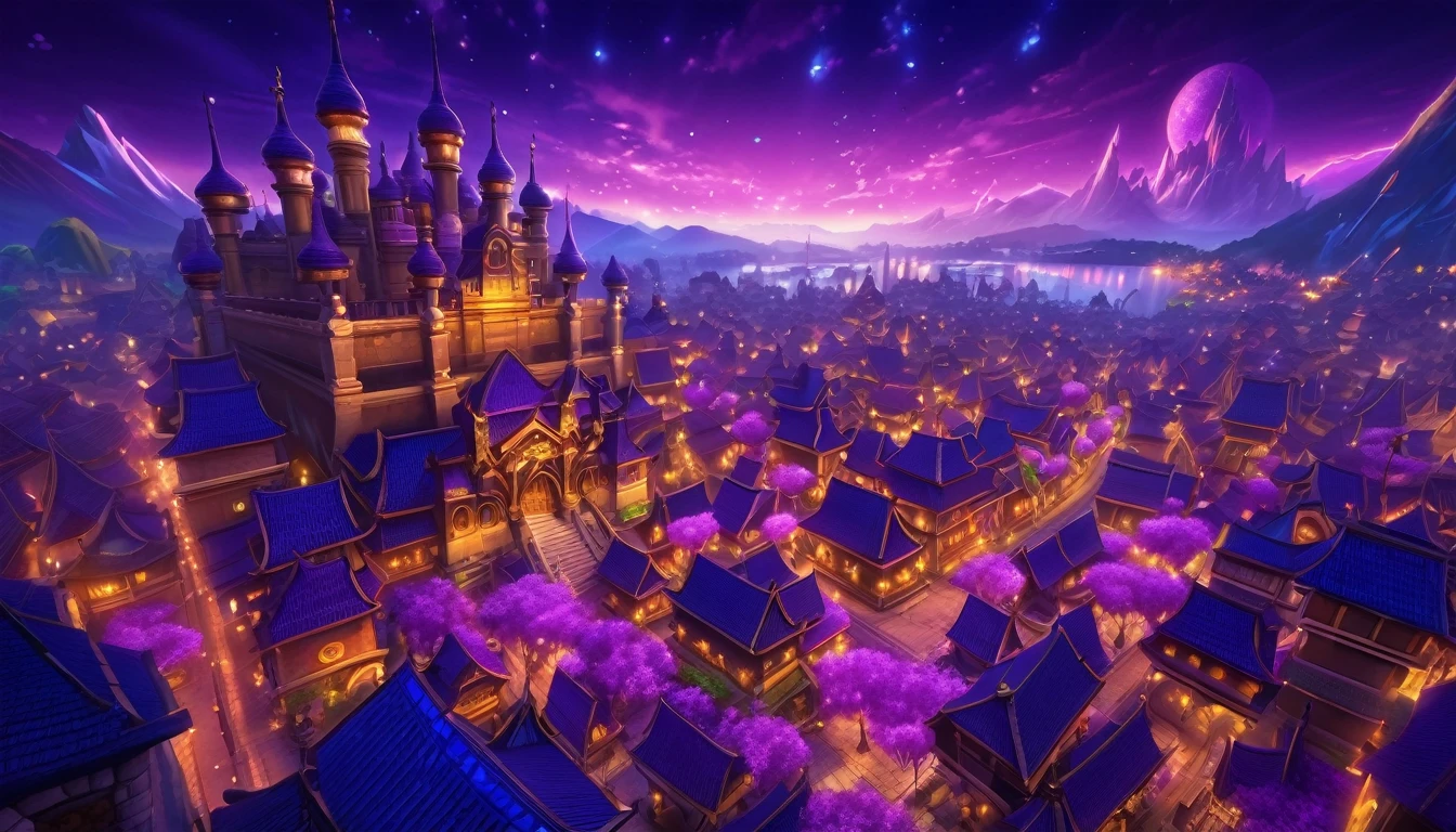 anime aestetics, anime scenery, night, city of magic, dalaran, world of warcraft, wow, purple and blue colors, vibrant colors, warm colors, busy streets, magic flying in the air, glowing particles in the air, castle made of purple crystals, stone roads, beautiful atmosphere, atmospheric perspective, perspective, wide shot, from above, 4K, highres, best quality, award winning, super detail, masterpiece