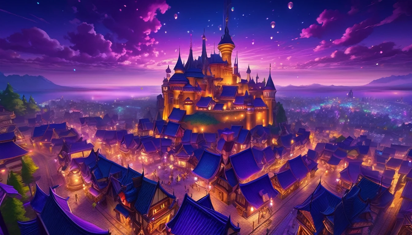 anime aestetics, anime scenery, night, city of magic, dalaran, world of warcraft, wow, purple and blue colors, vibrant colors, warm colors, busy streets, magic flying in the air, glowing particles in the air, castle made of purple crystals, stone roads, beautiful atmosphere, atmospheric perspective, perspective, wide shot, from above, 4K, highres, best quality, award winning, super detail, masterpiece