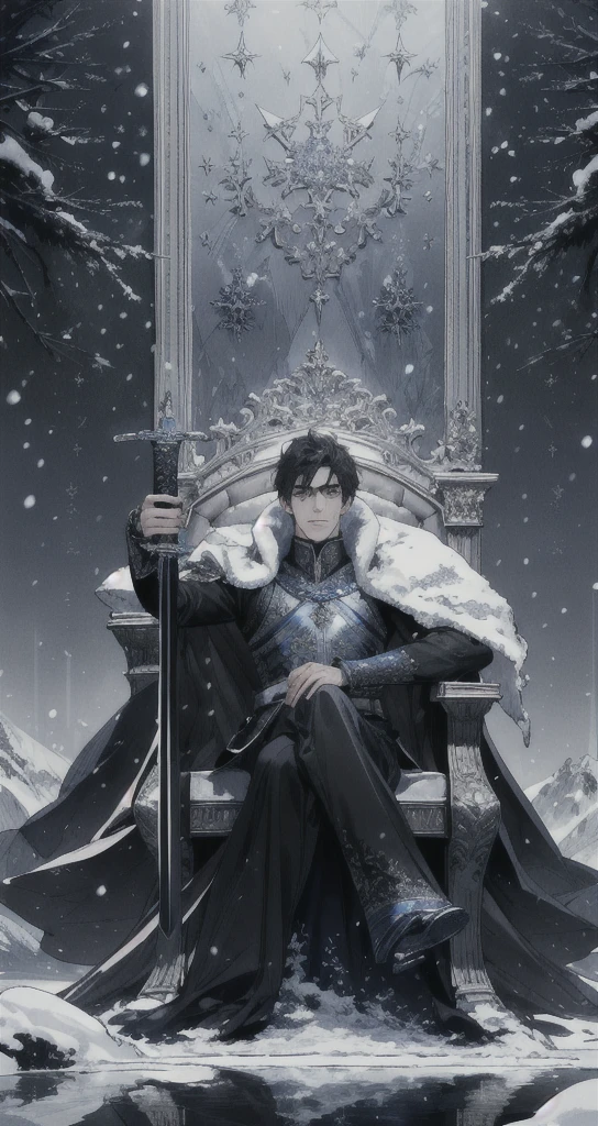 ((Masterpiece)),((best quality)),((Highly detailed)),((realistic,)) Very detailed), (Masterpiece), (best quality), (วอลล์เปเปอร์ 8k ที่มีรายVery detailed),Masterpiece,best quality,มีรายVery detailed,complicated,1 man,handsome faceสมบูรณ์แบบ,muscular man,detailed face,mischievous face,blue eyes,Open your eyes.,reflection of the eyes,Open your eyes., look at viewer,Manly,short hair|Black hair, black prince outfit,(Shining Crystal Throne),dynamic poses,Dramatic angle,movie light,surrounded by snow, Masterpiece,Very detailed,Sitting on the big ice throne, (white throne),Holding a large sword.,two handed sword,holding a sword on the throne, Fantasy, Realistic photos, hyperrealism, Highly detailed, movie light, man wearing black armor,black veilขนสัตว์สีดำ,black veil,black veil,Face details, sharp details,black slender eyebrows,handsome face, short hairสีดำ, blue eyes,have muscles, handsome faceเหลา, Sit on the throne., white ice power, snow power, The surrounding white snow scene