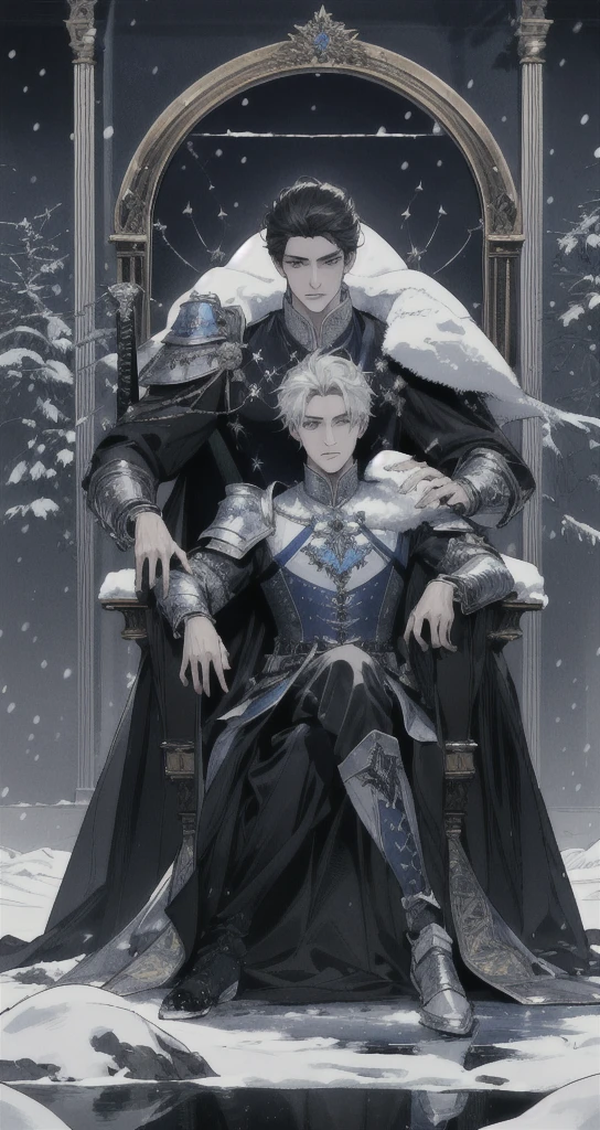 ((Masterpiece)),((best quality)),((Highly detailed)),((realistic,)) Very detailed), (Masterpiece), (best quality), (วอลล์เปเปอร์ 8k ที่มีรายVery detailed),Masterpiece,best quality,มีรายVery detailed,complicated,1 man,handsome faceสมบูรณ์แบบ,muscular man,detailed face,mischievous face,blue eyes,Open your eyes.,reflection of the eyes,Open your eyes., look at viewer,Manly,short hair|Black hair, black prince outfit,(Shining Crystal Throne),dynamic poses,Dramatic angle,movie light,surrounded by snow, Masterpiece,Very detailed,Sitting on the big ice throne, (white throne),Holding a large sword.,two handed sword,holding a sword on the throne, Fantasy, Realistic photos, hyperrealism, Highly detailed, movie light, man wearing black armor,black veilขนสัตว์สีดำ,black veil,black veil,Face details, sharp details,black slender eyebrows,handsome face, short hairสีดำ, blue eyes,have muscles, handsome faceเหลา, Sit on the throne., white ice power, snow power, The surrounding white snow scene
