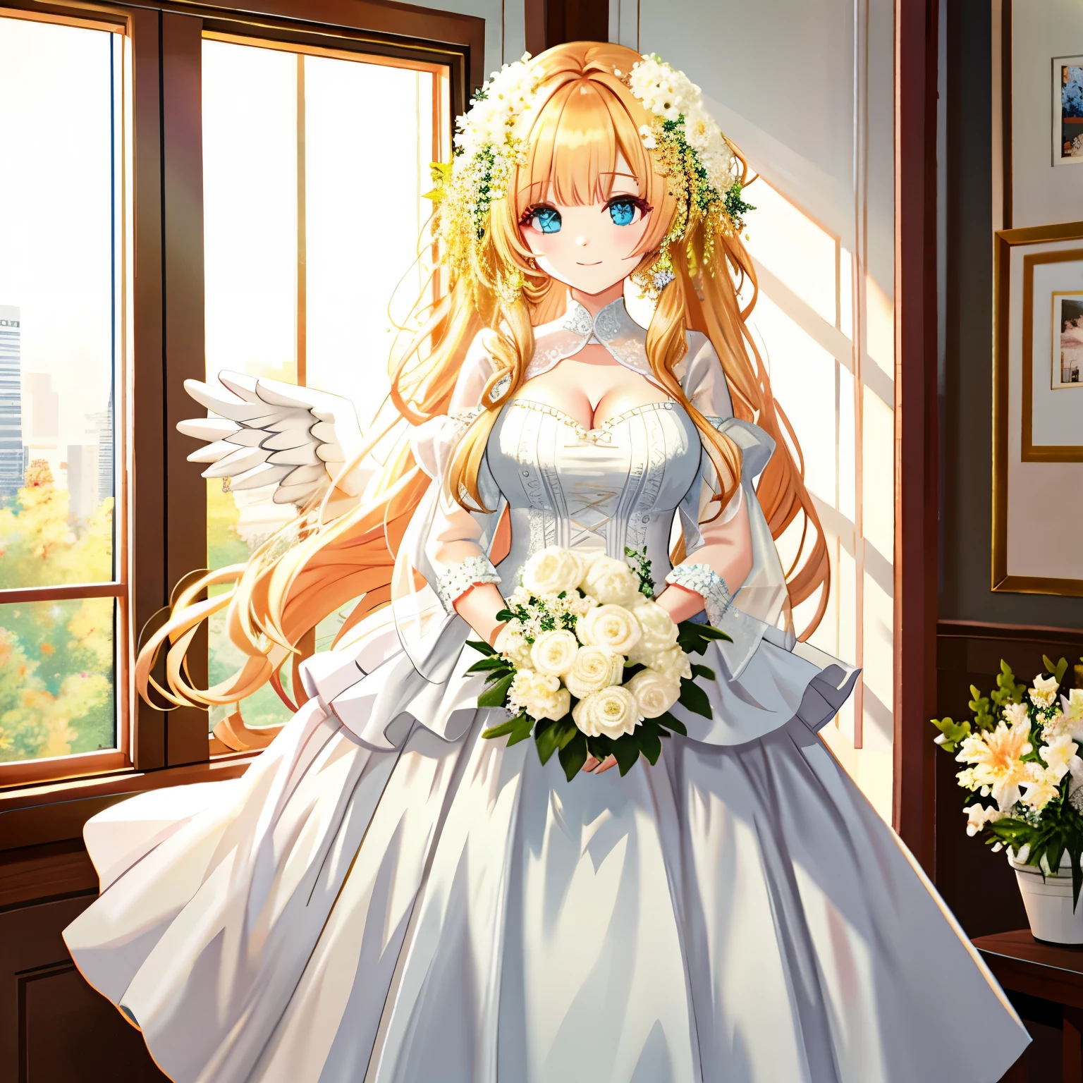 Illustration Enhancement: **"masterpiece"**, **"best quality"**, **"ultra-detailed"**, **"ultra high resolution"**, **"Top Quality photorealistic Illustration"**, **"ultra Definition"**, **"cute illustration:1.3"**, **"high Saturation:1.2"**, **"detailed beautiful face and eyes"**, **"extremely delicate and beautiful"**, **"nice hands"**, **"perfect hands"**, **"appropriate posture"**, **"appropriate configuration"**, **"ideal ratio body proportions"** BREAK
Theme: **"New Beginnings"**, **"Stability and Construction"**, **"Angelic Support"**, **"Focus and Effort"**, **"Inner Wisdom and Intuition"** BREAK
Number of Characters: **"ultra-ultimate beautiful"** BREAK
Facial Details: **"serene expression illuminated by light"**, **"eyes filled with hope"** BREAK
Movement Details: **"posture of stepping into a new day"** BREAK
Emotions and Expressions: **"smile mixed with hope and determination"** BREAK
Perspective: **"view from a window with morning sunlight streaming in"** BREAK
Composition: **"sprouting plants and blooming flowers symbolizing new life at the center"** BREAK
Background Details: **"buildings and structures on a solid foundation"**, **"stacked stones and building blocks"** BREAK
Costume Details: **"white garments reflecting light"** BREAK
Body Type: **"cleavage"**, **"curved waist"**, **"feminine curves"** BREAK
Wings, Horns, Tail: **"angels with wings of light and aura"** BREAK
Hair Style and Color: **"long hair shining in gold"** BREAK
Accessories: **"seeds and flowers symbolizing growth and new beginnings"** BREAK
Light and Shadow: **"soft light from the window at sunrise and natural shadows in the room"** BREAK
Color Scheme: **"bright colors symbolizing a new beginning"**, **"warm tones representing stability and construction"**, **"warm color palette for angelic support"**, **"vivid colors for focus and effort"**, **"flowing abstract colors symbolizing inner wisdom and intuition"** BREAK
Illustration Size: **"768×768"** BREAK
Illustration Atmosphere: