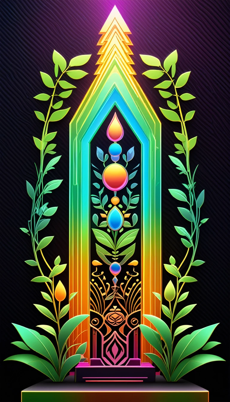 Symbols of plants, Simple style, Totem art illustration, Laser diffuse reflection gradient metal color scheme, 3d，C4D,Solid color background, 8K, Ultra HD, best quality, high resolution