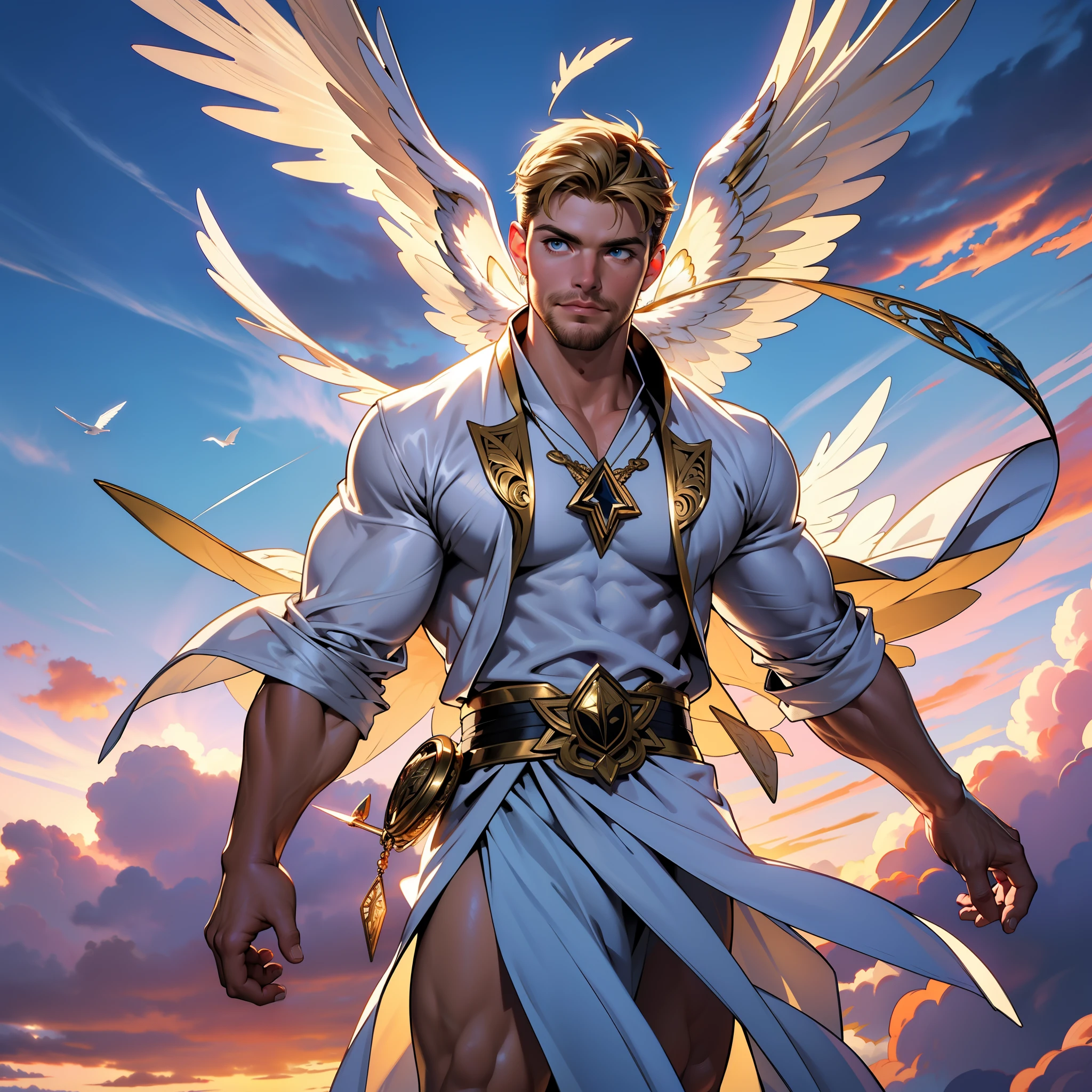 32k,masterpiece, best quality, detailed face, natural eyes,1man, solo mature man, muscled and mature, stephen amell as an angel , wearing a see thru transparent robe with golden embroidery , wearing a doubled 2 large angel's wings , showing muscles ,floating and flying in the sky with clouds , full body, intricate Detailed background at sunset