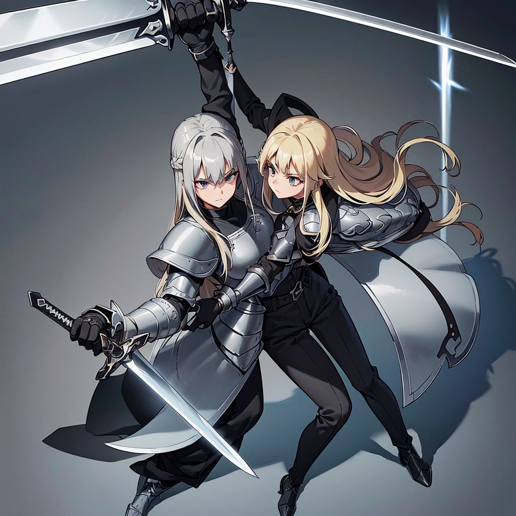 Best illustrations、Best Quality、(Full body character concept、detailed)、(((Simple grey armor、Black trousers、Black gloves))、(woman、18-year-old)、(Blonde、Long Hair)、(((Grab the sword、Get Ready)))、(From above at an angle)
