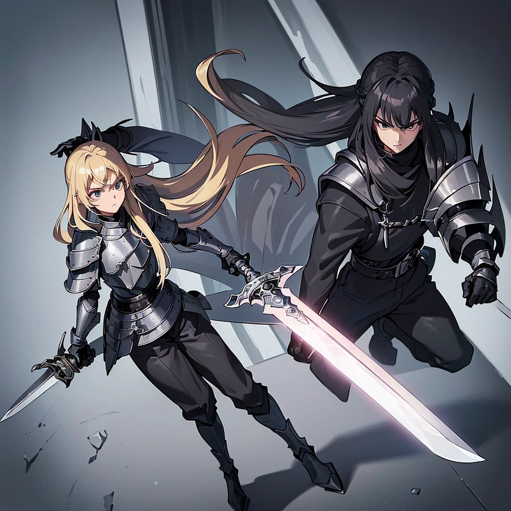 Best illustrations、Best Quality、(Full body character concept、detailed)、(((Simple grey armor、Black trousers、Black gloves))、(woman、18-year-old)、(Blonde、Long Hair)、(((Grab the sword、Get Ready)))、(From above at an angle)