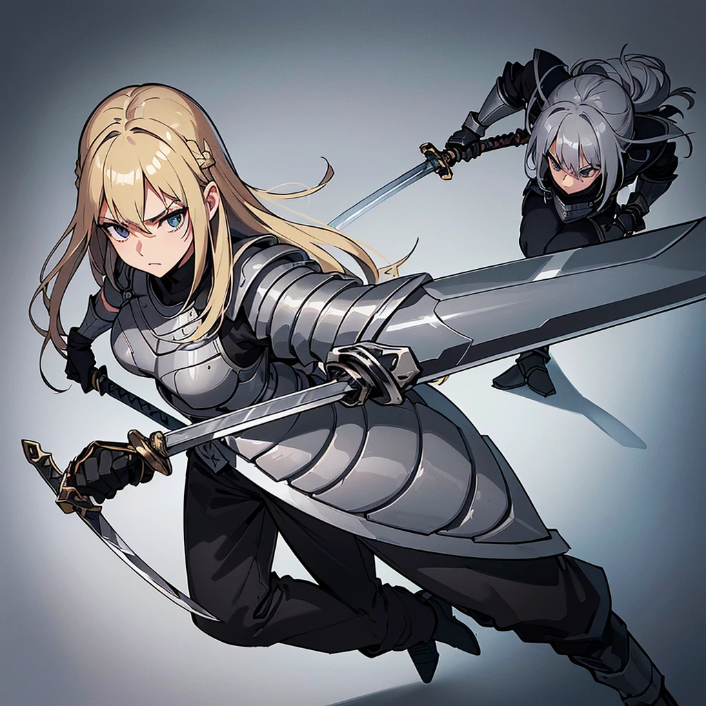 Best illustrations、Best Quality、(Full body character concept、detailed)、(((Simple grey armor、Black trousers、Black gloves))、(woman、18-year-old)、(Blonde、Long Hair)、(((Grab the sword、Get Ready)))、(From above at an angle)