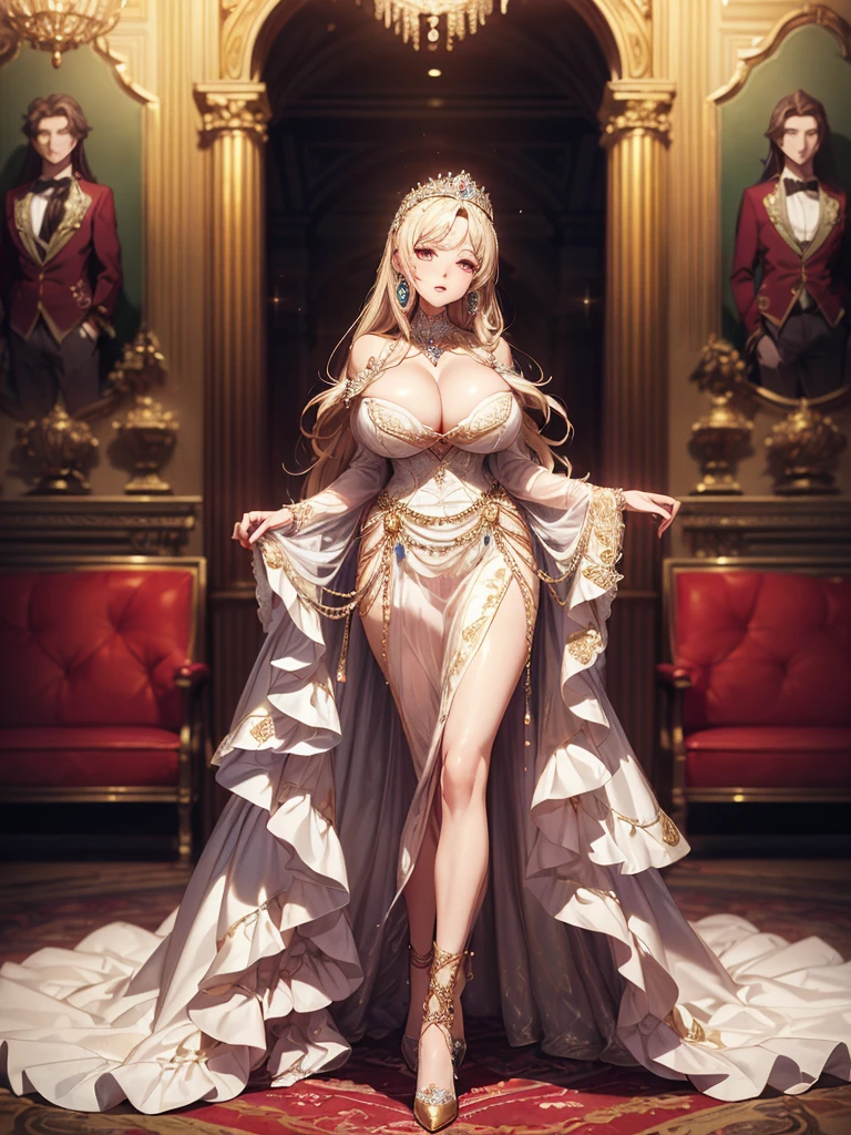 ((moe anime artstyle)),((Masterpiece)),(Best Quality), (Super Detail),((Very Delicate and Beautiful)),((Solo)),full body,(((full body))),((1 bling-bling cute princess in beautiful embroidery and jeweled gorgeous rococo ball gown with voluminous full-length hoop skirt)),(((absurdly gigantic tits))),((cleavage,curvy)),Skindentation,((detailed face and eyes)),jewel-like eyes,((crinoline,long train)),((standing in the royal palace)),((large amount of straight hair, absurdly long hair,Very Long Straight Hair)),extremely gorgeousfull hair ornament,(bling-bling extremely gorgeous jeweled tiara),luxurious jewelry,full body,((super detailed beautiful embroidery and jeweled gorgeous ball gown with voluminous full-length hoop skirt)) sultry look, seductive,
