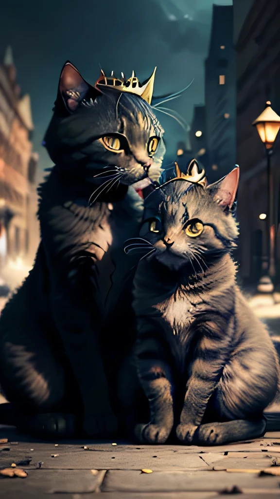 high resolution, masterpiece, 8K, (Two cats), Black furred father cat and kitten, whole body, Real, CUTE, 3DCG, Background blur, Wearing a crown of stars, wearing luxurious clothes, bright, Background is the city in the daytime, blue sky, in the morning, big eyes, lovely, Round eyes, A mother cat and her kitten are talking face to face, Outdoor,