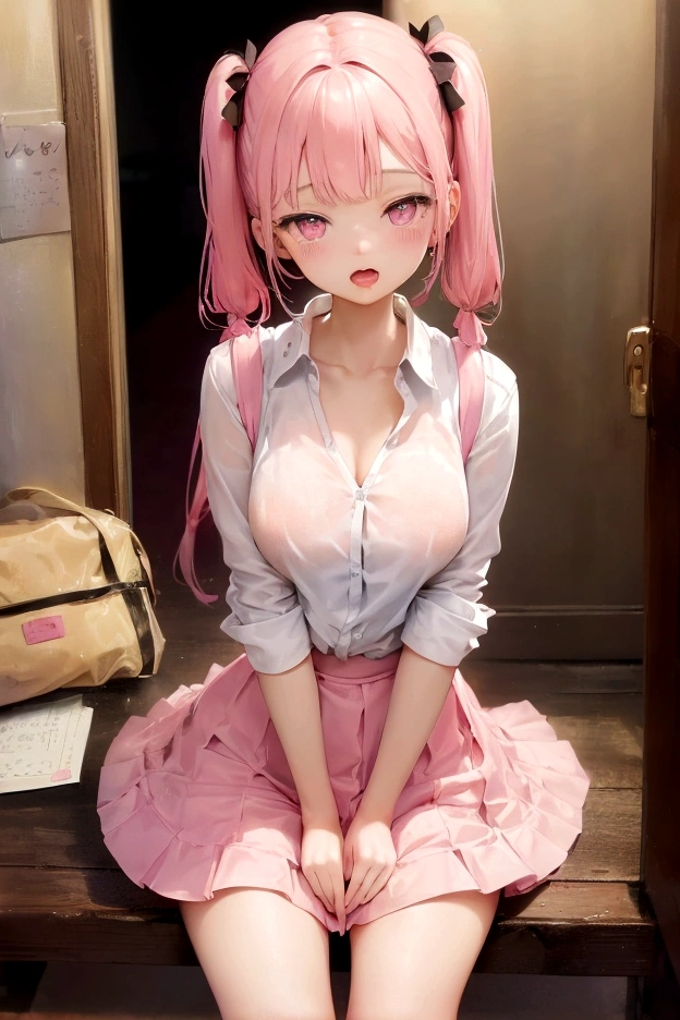 1girl, pink hair, twintails, cheerful, pink eyes, wearing pink skirt, no underwear, breasts showing