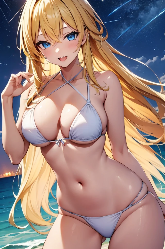 (masterpiece:1.3), (best quality:1.1), (8k, ultra detailed, ultra high res:1.2), ((anime style)), (perfect 5 fingers:1.1), perfect anatomy,
1girl,
BREAK long hair, smile, open mouth,
yellow hair,
blue eyes, detail eyes, (leaning forward;1.1),
High-waist bikini, (white bikini),
BREAK looking at viewer, coeboy shot, on left,
BREAK detail background, outdoor, outside, sea, shining sky, distant horizon, clouds, natural beauty, (night sky, Shining Stars:1.3), (summer triangle:1.3),