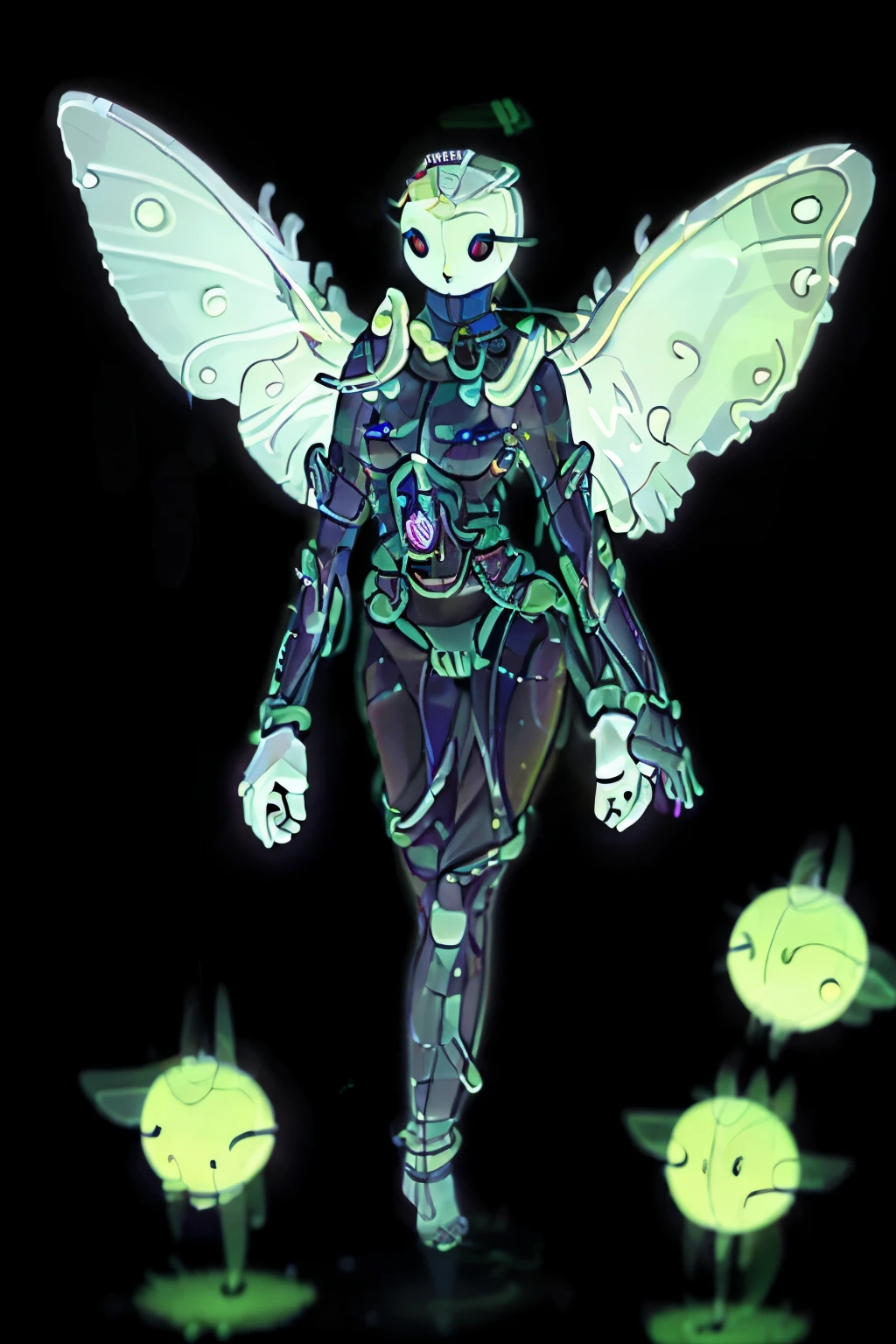 A realistic biblically accurate angel its form encased in light, many eye which are pitch black. Its wings glow so brightly its hard to see it is barely humanoid. no hair. 6 wings neon white vague, scary 30 eyes, no face no clear body wings over head. Neon white glowing skin no gender no body