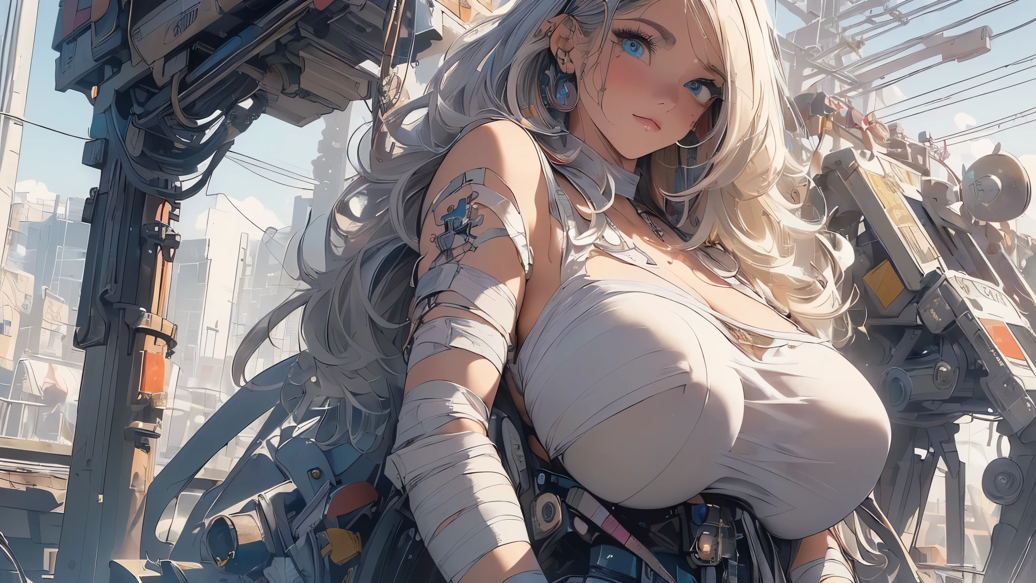 (((masterpiece, Highest quality))),(((alone:1.2))),(((One girl:1.2))),32K Wallpapers, Very detailed,(((((portfolio))))),(((((close))))),(((((breast enhancement))))),((((More Angles)))),(((highlight))),((((Heterochromia iridis)))),(((completion. Detailed face))),((((Very talented)))),(((((The most complex machine))))),(((Genius Mechanic))),((Overall colorful)),(((((Huge breasts, bandage