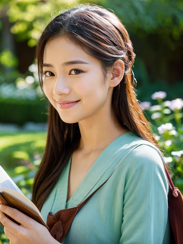 maya(Woman), with a charming smile, around the garden with a book in hand. His gaze was deep, pondering the meaning hidden on each page.