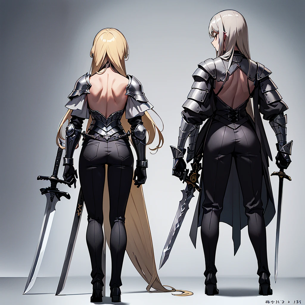 (Full body character concept、detailed)、(((Simple grey armor、Black trousers、Black gloves))、(woman、18-year-old)、(Blonde、Long Hair)、(((Grab the sword、Get Ready)))、(From the back、Back view)
