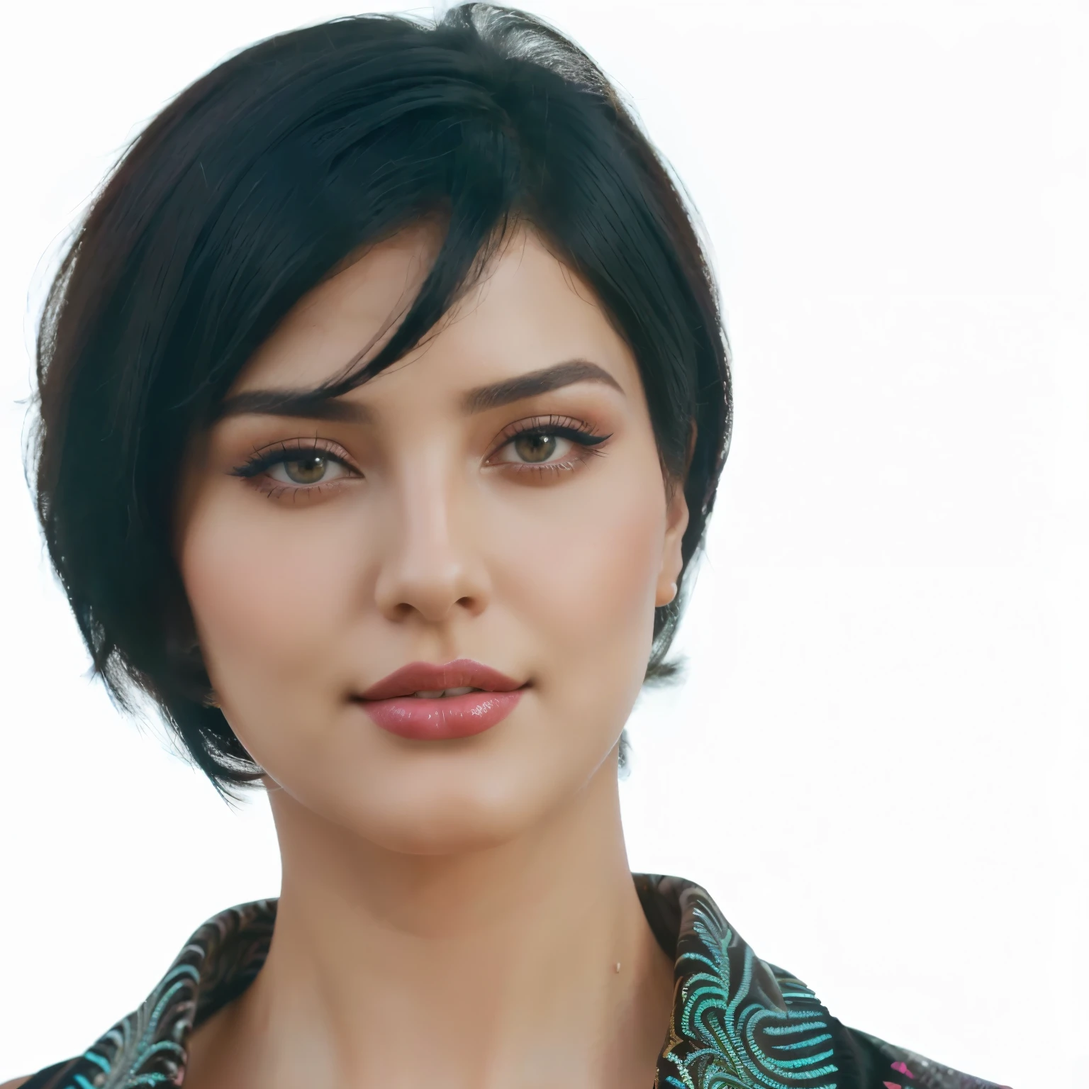 curvy woman with short black hair and pink lipstick looking at camera, in oil painting style, 4k colorful photo portrait, soft portrait photographed in 8k, looks like ebru şahin, digital art of an elegant, 4k asymmetric portrait, Stylized portrait H 1280, detailed colorized portrait, colorized portrait