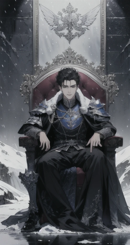 ((Masterpiece)),((best quality)),((Highly detailed)),((realistic,)) Very detailed), (Masterpiece), (best quality), (วอลล์เปเปอร์ 8k ที่มีรายVery detailed),Masterpiece,best quality,มีรายVery detailed,complicated,1 man,handsome faceสมบูรณ์แบบ,muscular man,detailed face,mischievous face,blue eyes,Open your eyes.,reflection of the eyes,Open your eyes., look at viewer,Manly,short hair|Black hair, black prince outfit,(Shining Crystal Throne),dynamic poses,Dramatic angle,movie light,surrounded by snow, Masterpiece,Very detailed,Sitting on the big ice throne, (white throne),Holding a large sword.,two handed sword,holding a sword on the throne, Fantasy, Realistic photos, hyperrealism, Highly detailed, movie light, man wearing black armor,black veilขนสัตว์สีดำ,black veil,black veil,Face details, sharp details,black slender eyebrows,handsome face, short hairสีดำ, blue eyes,have muscles, handsome faceเหลา, Sit on the throne., white ice power, snow power, The surrounding white snow scene