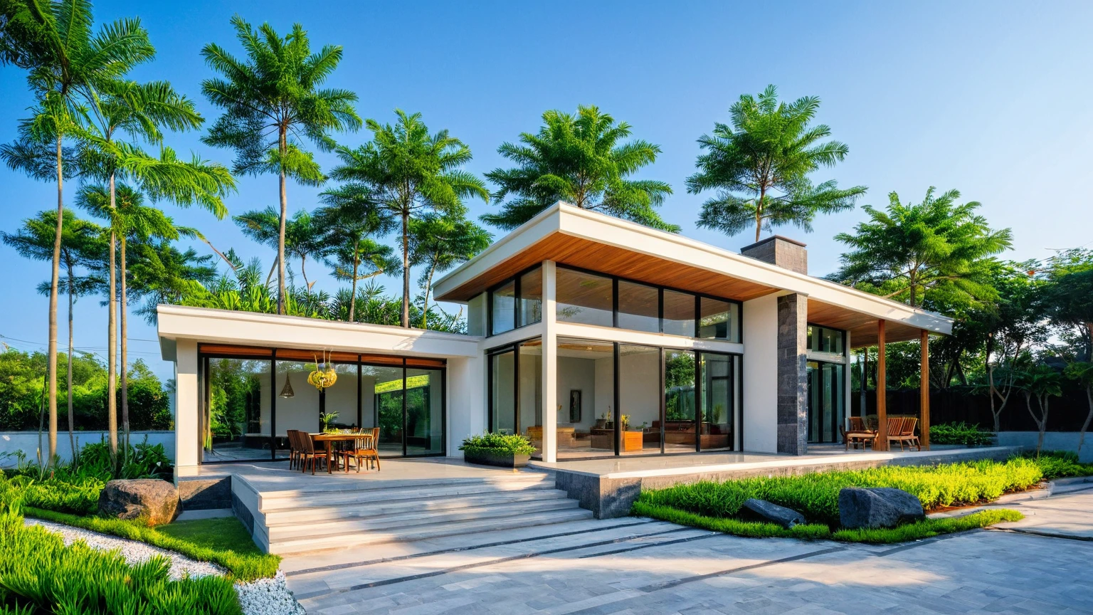 masterpiece, best quality, exterior design, single 1 storie modern house on the Vietnam village, flower garden, modern dark tiled granite and white walls facade, wooden ceiling, large glass, minimalist modern style, green shrubs and tropical tree background, natural light, clear sky morning background, large door and windows,