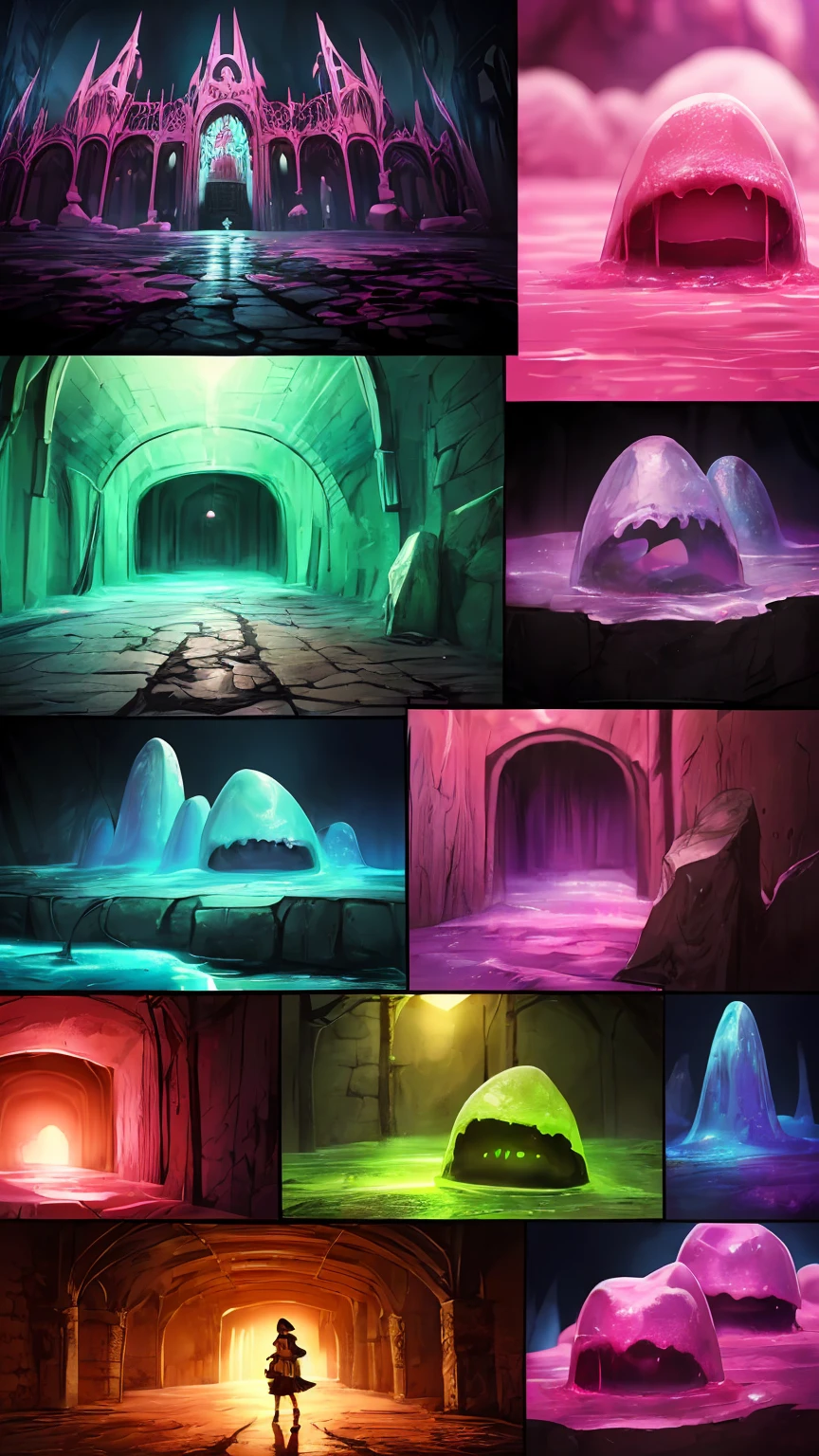 Pink mucus(8K, RAW Photos, 最high quality, masterpiece:1.2), High-quality RAW color photos, Professional photo shoot, Cinematic Light, RPG Design, Dark fantasy graphics, Slime type monster, Pink slime, ((Whole shot)), Fantasy art, Dungeon Background, Stone Dungeon, Dim lighting, Film Grain, Background blur, high quality, Surreal, Bright colors, ((Very detailed, photo shoot)),