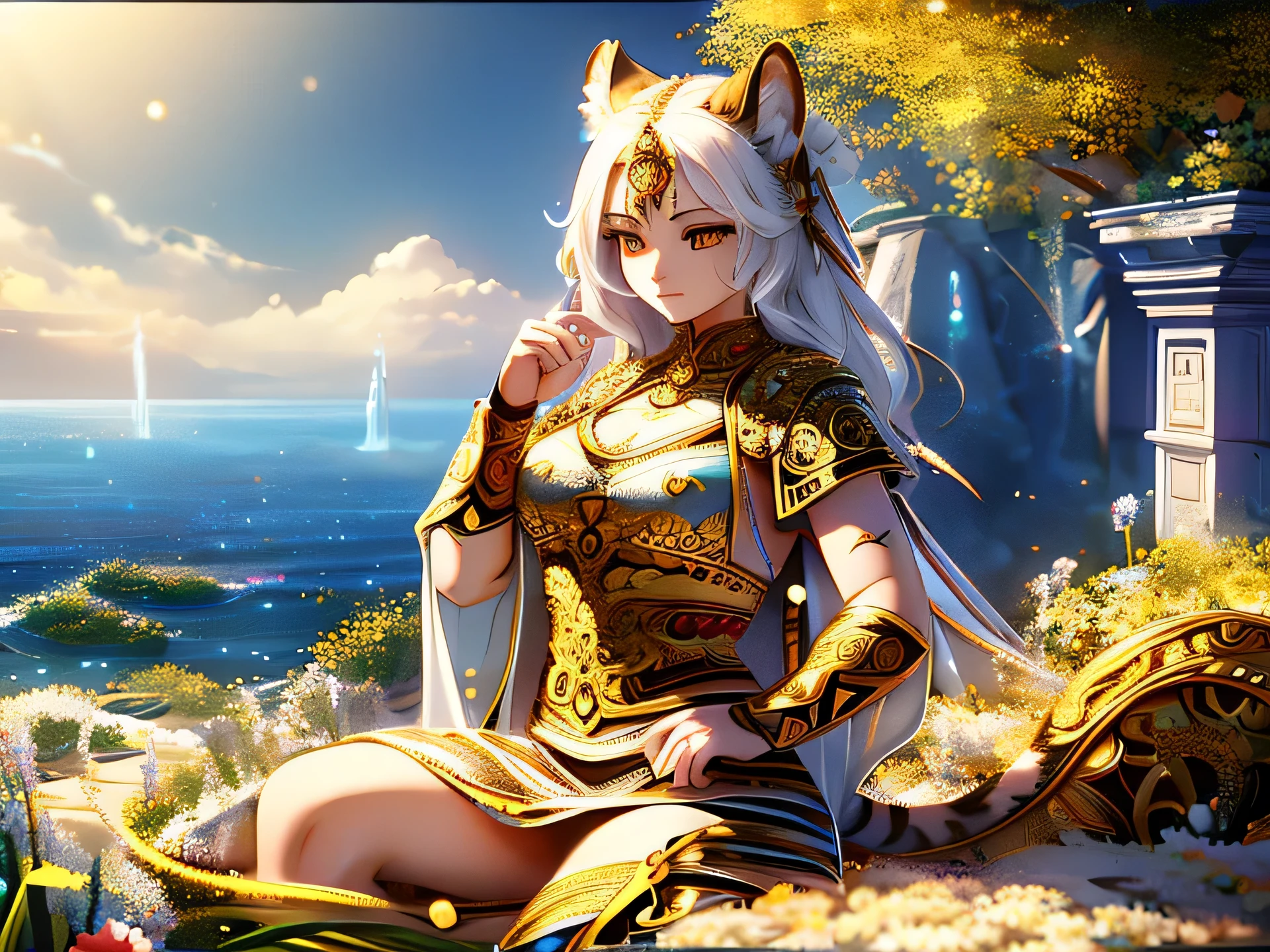 [intricate and detailed masterpiece of a goddess, realistic 4k image], the goddess is of human-feline race, she is adorned with intricate tiger tattoos, wearing a celestial outfit with gold embroidery , (accompanied by her faithful white tiger companion) in a heavenly place