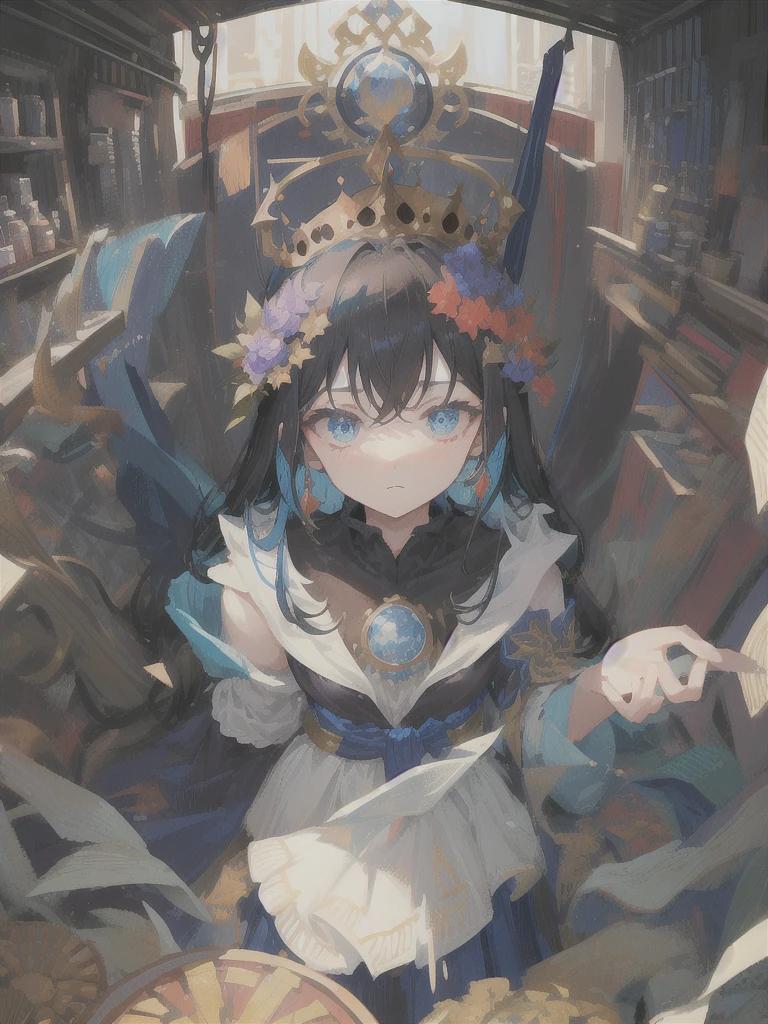 Blue robes, Bodhisattva crown, shakujo, long black hair, heterochromatic eyes, dark