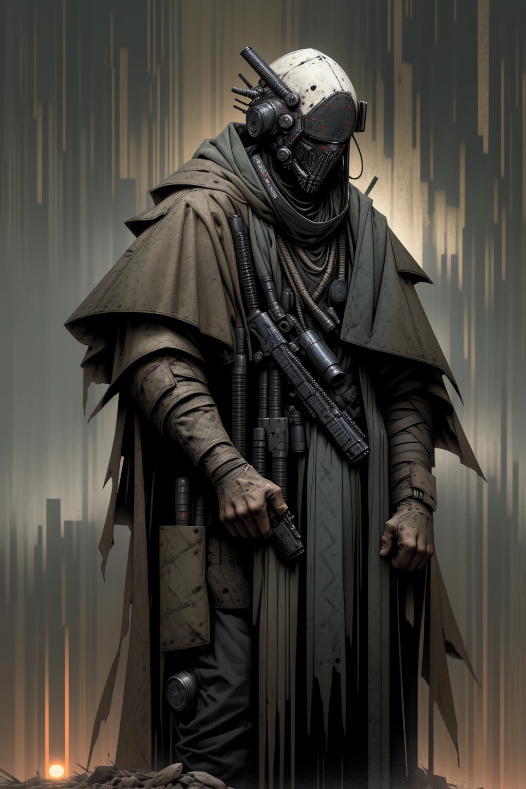 a man wearing modern military grade armor, gear belt full of gun magazines, a tattered hood over his head, wearing a plague doctor mask, a futuristic and hastily repaired semi-automatic rifle strapped over his back, a regular built body, wearing a messy black cloak, bandage wraps around his arms, side profile, sunset, very detailed plague doctor mask over his face, standing amidst a sunset, cinematic side view, sunset in the background, post apocalypse, is a burn victim, wearing a scav outfit from escape from tarkov, survivor, scavenger, mercenary, gun strapped (behind) his back, very dark green camo attire, very bird-looking mask with a prominent beak